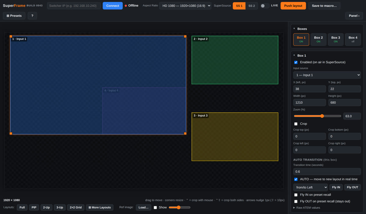 SuperFrame editor showing a 3-up SuperSource layout